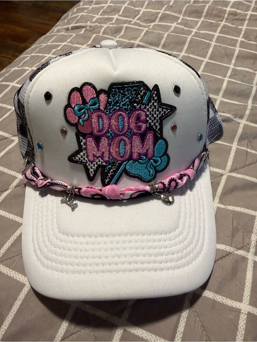 Dog Mom Embroidered Kids Trucker Hat - White with Pink & Teal Accents